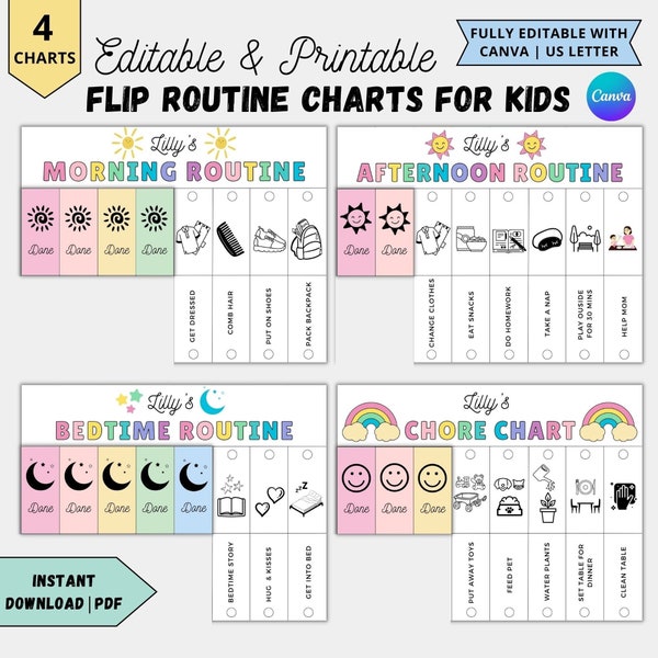 Kids flip routine chart editable printable,morning flip done,Evening Bedtime,Visual schedule for kids toddler chore chart with pictures pdf