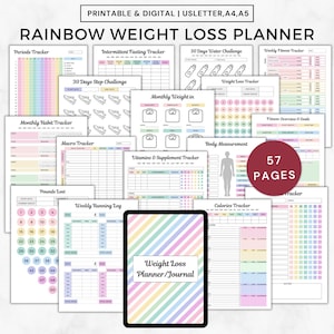 Gewichtsverliesplanner dagboek 2023, Rainbow fitness planner bundel afdrukbare digitale bundel, a5 ultieme fitness planner boek, goodnotes voor workout planner