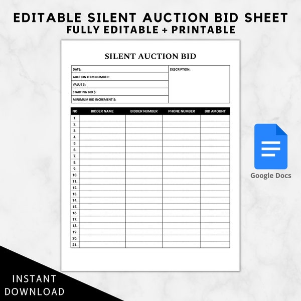 Silent auction bid sheet template editable,Silent auction bid sheets downloadable printable,Silent auction template,Auction form editable