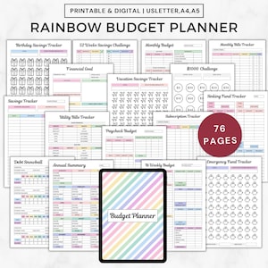 Rainbow budget finance planner bundle printable,Digital finance journal ipad,finance planner bundle a5 pdf book,budget planner binder 2023