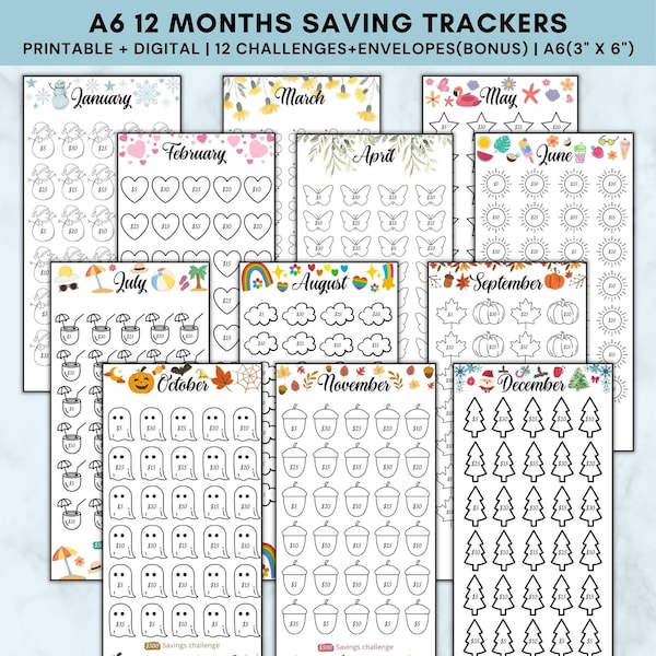 Traqueurs de défi d'épargne de 12 mois, enveloppe de défi d'épargne a6 imprimable, classeur de défi d'épargne mensuelle, défi d'économie de janvier