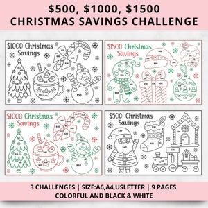 1000,500,1500 Christmas Savings Challenge printable cash envelope,Christmas savings tracker bundle coloring page,1000 Savings Challenge