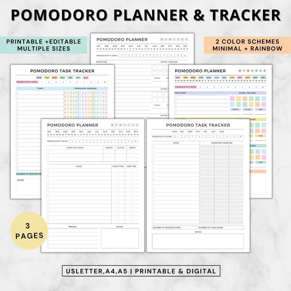 Pomodoro planner printable,productivity planner ipad,study session planner,pomodoro tracker,10 minutes planner,study tracker editable