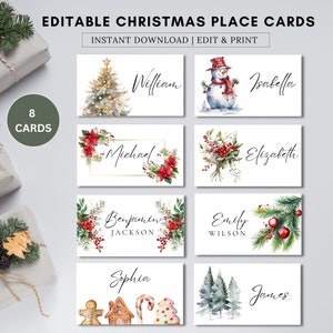 Tarjetas de lugar para fiestas navideñas, plantillas para tarjetas de lugar con forma de árbol de Navidad, tarjetas de lugar con nombre para cenas navideñas imprimibles, tarjetas de lugar planas plegadas de Navidad editables