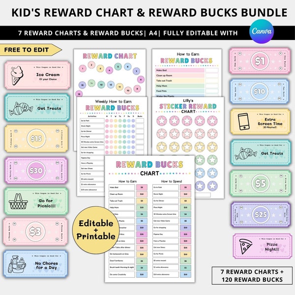 Editable Kids reward bucks and chart,Reward coupons for kids,Mom bucks chart printable,Reward system Play money,Rainbow Colorful chore chart