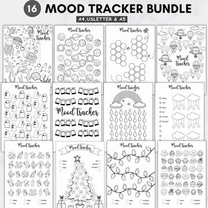 Moodtracker-dagboek voor mentaal welzijn, Bujo Monthly Mood Tracker-bundel afdrukbaar a5, a4, usletter, bullet-journaalpagina's, gestippeld dagboek a5