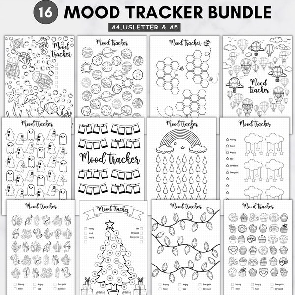 Mood tracker journal for mental wellness,Bujo Monthly Mood tracker bundle printable a5,a4,usletter,Bullet journal pages,Dotted journal a5
