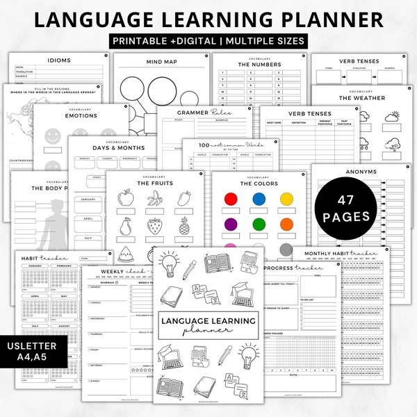 Pianificatore di apprendimento delle lingue stampabile,Taccuino di studio della lingua,Taccuino di vocabolario,Modelli di nozioni di apprendimento della lingua,Diario di apprendimento della lingua