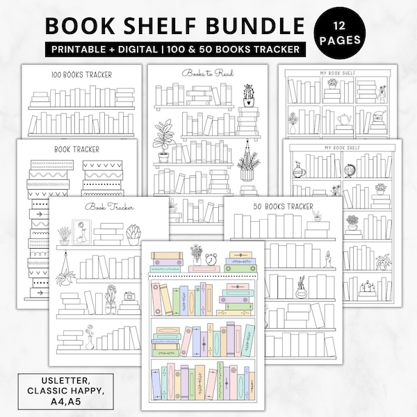 Bücherregal druckbare Vorlage, Minimal Bujo Bücherregal Tracker digital, Lese Challenge Bundle, 50 Buchlese Planer Journal, Bücher die ich gelesen habe