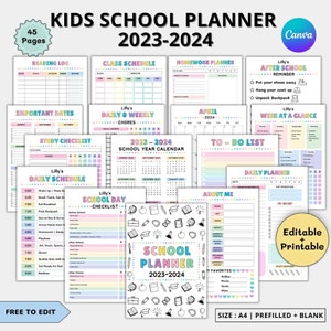 Editable Kids School Planner 2023-2024,adhd Study planner for kids printable,School Calendar,Homework,Chores,After before school checklist