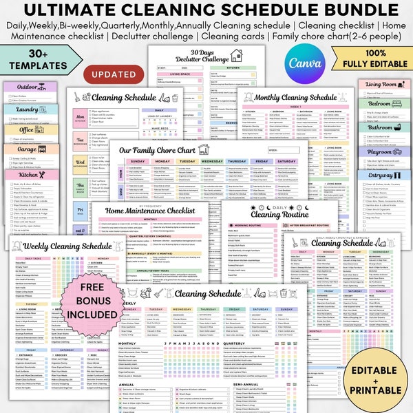 Ultimate cleaning schedule bundle editable,Cleaning Planner Bundle a4,Weekly,Monthly,Yearly Cleaning Checklist,Declutter,Family Chore Chart