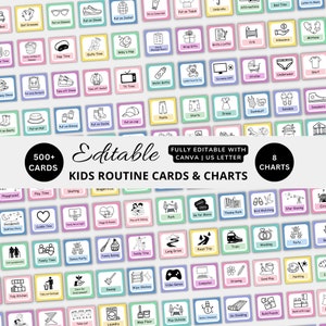 Cartes de routine quotidiennes modifiables pour enfants,Liste de contrôle pour routine du matin et soir imprimable pour enfants,Rythme quotidien Ensemble de cartes et de graphiques de routine visuelle