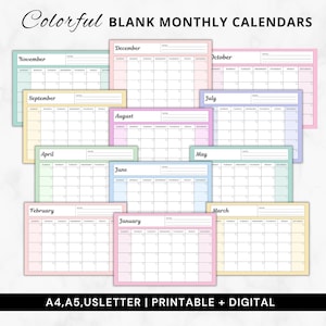 Calendario mensile vuoto con note pdf, pianificatore mensile colorato digitale, calendario mensile orizzontale, modello di calendario di marketing di 12 mesi per iPad