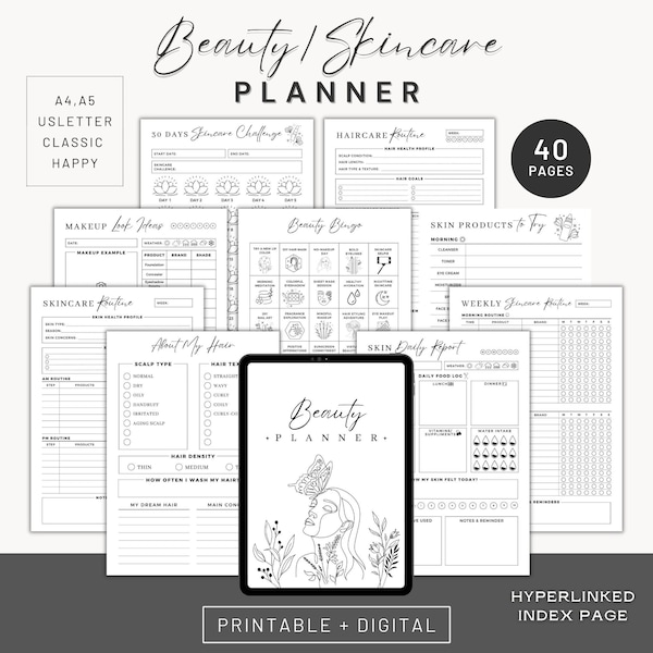 Printable Skincare planner,Beauty planner template journal iPad,Glow up planner notion,Haircare Skincare routine checklist,Makeup tracker a4
