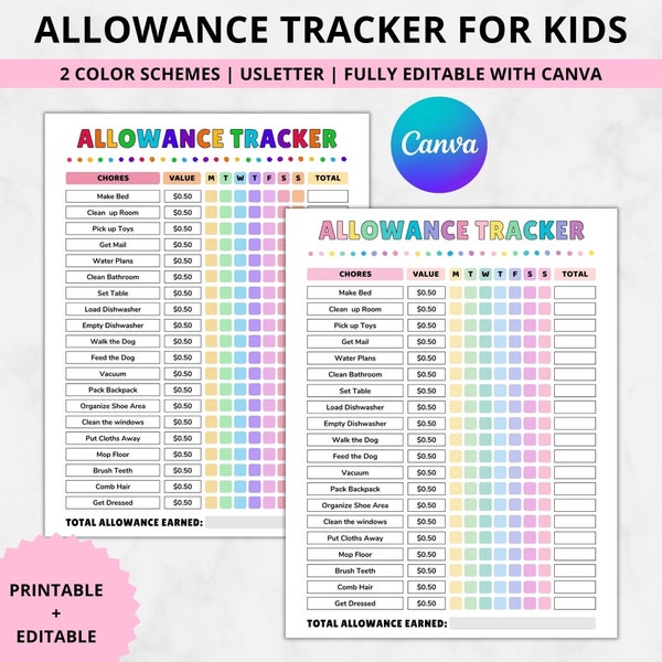 Editable Allowance tracker for kids,Printable allowance chore chart,Daily Weekly Allowance tracker for teens,Earn money chart,Chore Chart