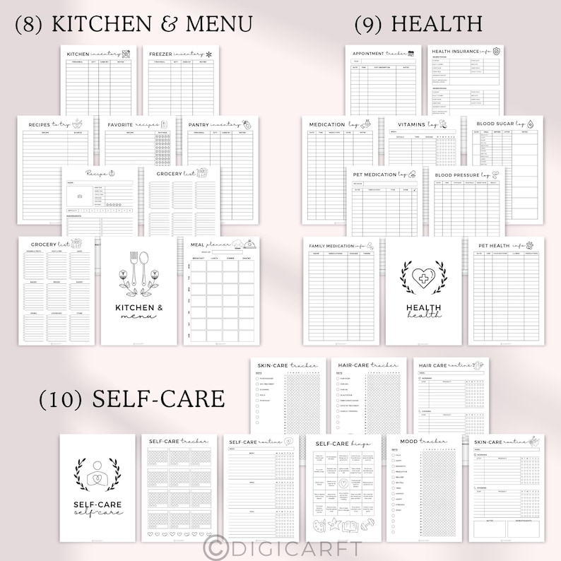 Weekly meal planner and grocery list, Recipe template, Kitchen inventory bundle,Medical health planner, Medication log, Blood pressure log, Blood sugar tracker, Vitamins tracker, Supplement tracker, Medical appointment tracker,Self care planner