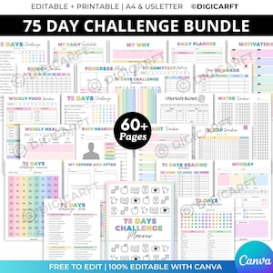 May include: A printable 75 Day Challenge Bundle with over 60 pages, including daily planners, trackers, and more. The bundle features a colorful design with text such as "75 Day Challenge" and "Free to Edit".