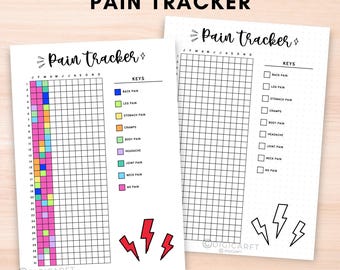 May include: Printable pain tracker with a grid for each month of the year. The tracker includes a key with different colored squares for back pain, leg pain, stomach pain, cramps, body pain, headache, joint pain, neck pain, and no pain.