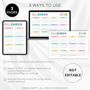 2026 year at a glance calendar printable,Rainbow yearly planner 2026 inserts pdf,Full year calendar poster 2026,2026 wall calendar template