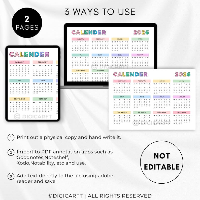 2026 Year at a Glance Calendar Printable,rainbow Yearly Planner 2026 ...