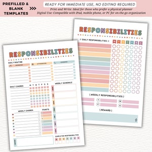 Puede incluir: Un gr&aacute;fico de responsabilidades imprimible con un dise&ntilde;o de arco&iacute;ris colorido. El gr&aacute;fico incluye secciones para la rutina diaria, las tareas diarias, las tareas semanales y un horario semanal. Tambi&eacute;n hay secciones para las responsabilidades diarias y semanales, y una secci&oacute;n de recompensa.
