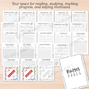 monthly budget planner printable with expense tracker bujo style, financial planning workbook PDF with savings and debt trackers, budgeting sheets with color-in icons for personal finance binder, income expense tracker printable for small business owners, editable budget planner pages with bill payment checklist PDF, boho bullet journal budget tracker with savings challenge pages, 2026 yearly financial overview printable for budget binder, cash envelope tracker printable
