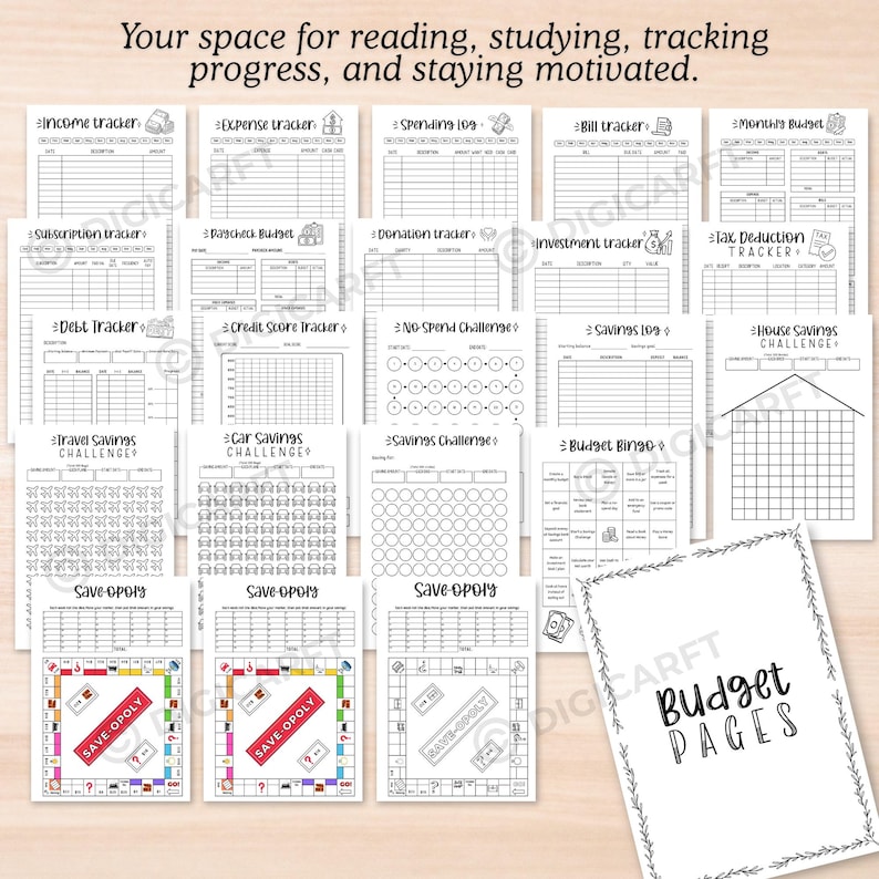 monthly budget planner printable with expense tracker bujo style, financial planning workbook PDF with savings and debt trackers, budgeting sheets with color-in icons for personal finance binder, income expense tracker printable for small business owners, editable budget planner pages with bill payment checklist PDF, boho bullet journal budget tracker with savings challenge pages, 2026 yearly financial overview printable for budget binder, cash envelope tracker printable