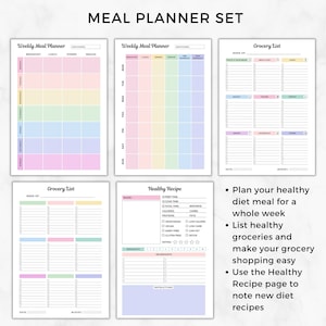 May include: A printable meal planner set with pastel pink, blue, and yellow colors. The set includes a weekly meal planner, a grocery list, and a healthy recipe page. The text "MEAL PLANNER SET" is at the top of the image.