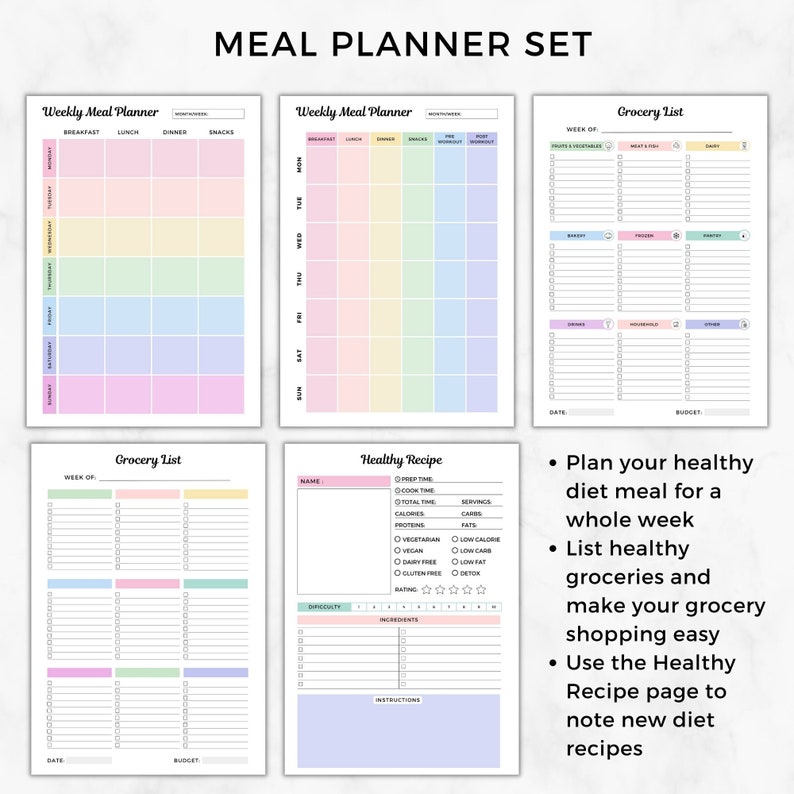 May include: A printable meal planner set with pastel pink, blue, and yellow colors. The set includes a weekly meal planner, a grocery list, and a healthy recipe page. The text "MEAL PLANNER SET" is at the top of the image.