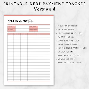 May include: Printable debt payment tracker with a pink and white color scheme. The tracker includes sections for creditor, interest rate, account, credit type, date, amount, balance, target pay date, credit limit, minimum payment, initial balance, and notes. The tracker also includes a list of features, such as well organized, easy to print, left-right space for punch holes, cover almost all required fields, sectionized with titles, available in 8 different colors, and available in 4 different versions.