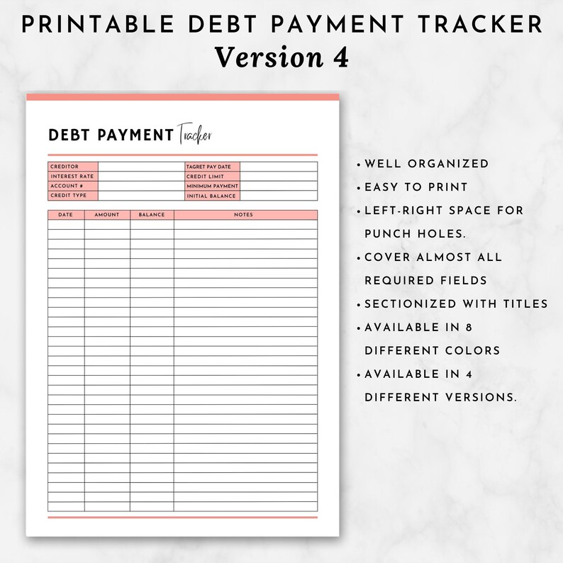May include: Printable debt payment tracker with a pink and white color scheme. The tracker includes sections for creditor, interest rate, account, credit type, date, amount, balance, target pay date, credit limit, minimum payment, initial balance, and notes. The tracker also includes a list of features, such as well organized, easy to print, left-right space for punch holes, cover almost all required fields, sectionized with titles, available in 8 different colors, and available in 4 different versions.