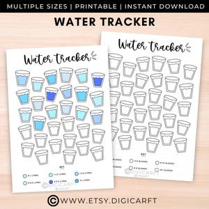 May include: Printable water tracker with two pages. The first page has a key with different coloured glasses representing different amounts of water in litres. The second page has a grid of glasses to colour in as you drink water throughout the day.