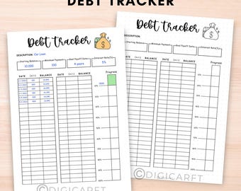 May include: Printable debt tracker with two pages. The left page has a section for a car loan with a starting balance of $10,000, a minimum payment of $100, a goal payoff date of 4 years, and an interest rate of 5%. The right page has a section for a generic debt with a starting balance, minimum payment, goal payoff date, and interest rate. Both pages have a date, balance, and progress column.