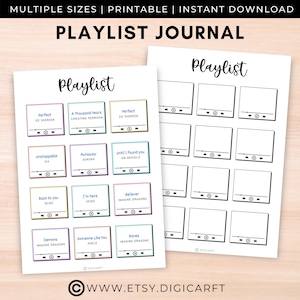 May include: Printable playlist journal with a black and white design. The journal has a section for writing down song titles and artists, and a section for creating a playlist. The journal has the text "Playlist Journal" at the top.