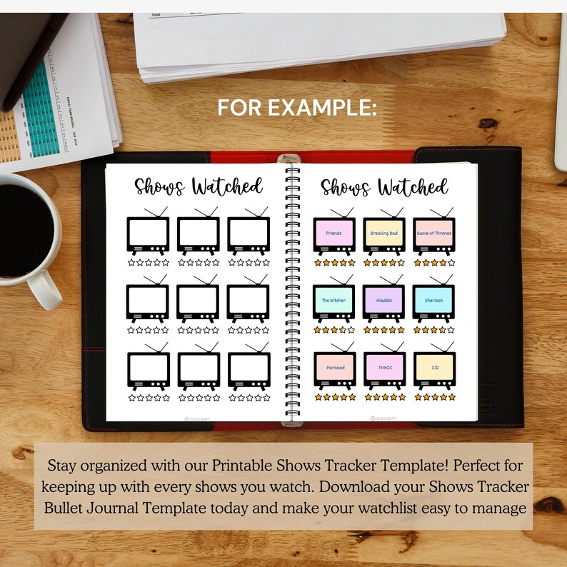 Printable shows tracker journal, A5 bullet journal for TV shows, TV program review pages, Shows to watch list template, Netflix shows watched tracker, Movie and show tracker, Series watchlist journal