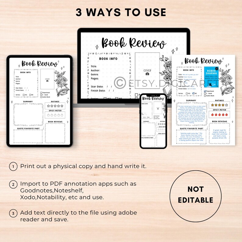 May include: Three black and white printable book review templates with floral accents. The templates are shown on a laptop, tablet, and phone. The text on the image reads "3 Ways to Use" and "Not Editable".
