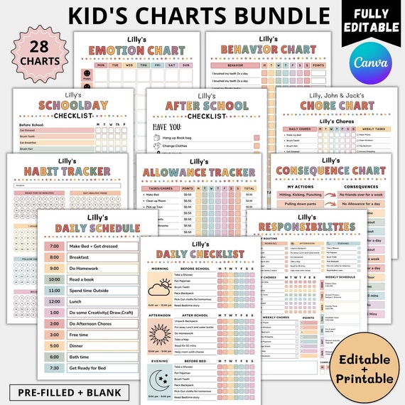 Editable Kids chore chart bundle,Kids daily checklist canva,editable responsibility chart bundle,Allowance,Screentime,Behavior,Reward chart