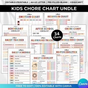 Editable Kids Chore Chart, Kids Chore Chart Bundle, Kids Routine Chart, Daily Routine Chart for Kids, Editable Responsibility Chart, Kids Checklist Printable, Behavior Chart, Reward Chart, Screen Time Checklist, Allowance Tracker, Kids Job Chart, Kids Morning Routine, Bedtime Routine Chart, Weekly Schedule for Kids, School Checklist, Flip Routine Chart, Visual Schedule for Kids, Toddler Routine Chart, Canva Editable Kids Charts, Printable Kids Planner, ADHD Routine Chart, Autism Visual Schedule