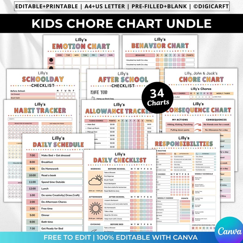 Editable Kids Chore Chart, Kids Chore Chart Bundle, Kids Routine Chart, Daily Routine Chart for Kids, Editable Responsibility Chart, Kids Checklist Printable, Behavior Chart, Reward Chart, Screen Time Checklist, Allowance Tracker, Kids Job Chart, Kids Morning Routine, Bedtime Routine Chart, Weekly Schedule for Kids, School Checklist, Flip Routine Chart, Visual Schedule for Kids, Toddler Routine Chart, Canva Editable Kids Charts, Printable Kids Planner, ADHD Routine Chart, Autism Visual Schedule