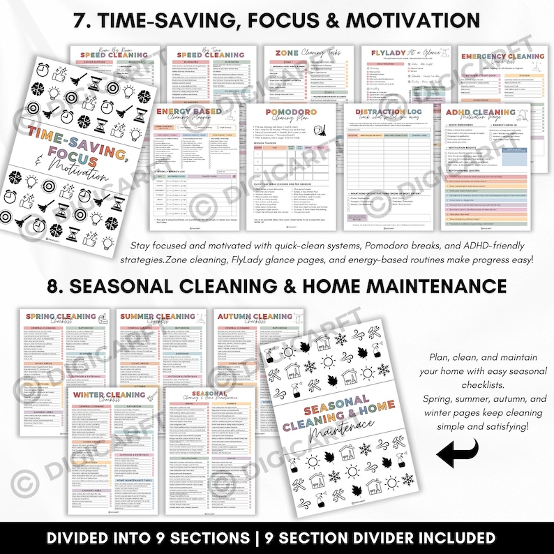 Spring Cleaning Checklist
Summer Cleaning Checklist
Autumn Cleaning Checklist
Winter Cleaning Checklist
Seasonal Cleaning & Home Maintenance
Room-by-Room Speed Cleaning
By-Time Speed Cleaning
Zone Cleaning Tasks
FlyLady At a Glance
Emergency Cleaning Quick List
Energy based cleaning planner
Pomodoro Cleaning Plan
Distraction Log
ADHD Cleaning Motivation Page