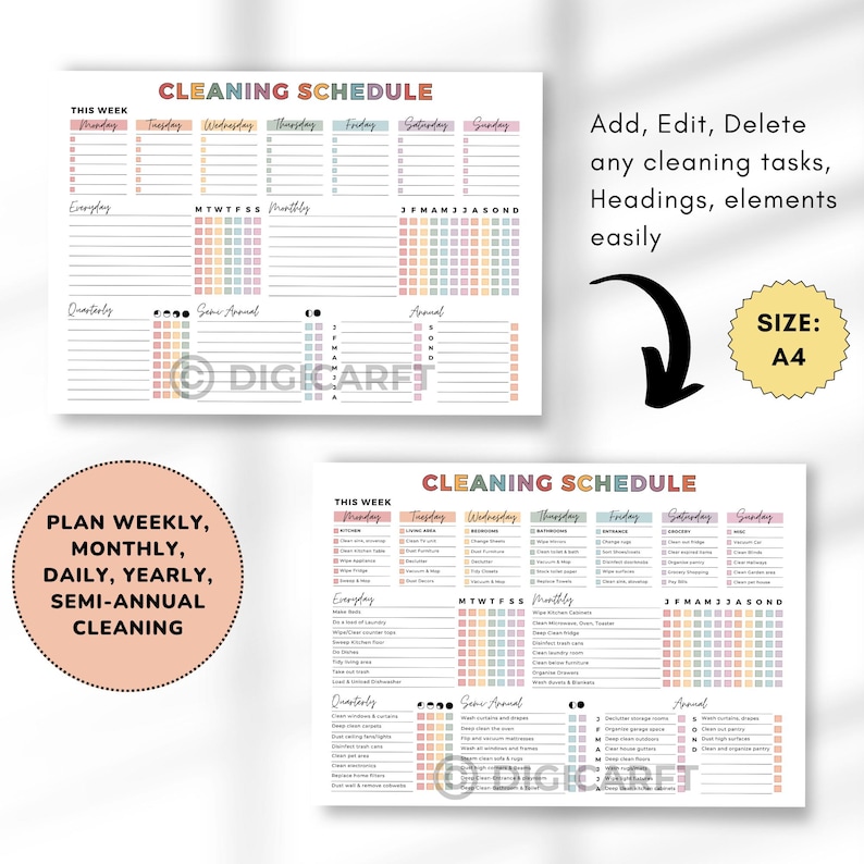 Editable cleaning schedule checklist canva adhd,Home cleaning planner weekly monthly yearly Semi-annually, Quarterly Clean house schedule printable,house chore chart,Digital cleaning template,Printable cleaning checklist home,Kitchen,Bathroom,Living room,Bedroom Cleaning checklist,Master Cleaning tracker, Family cleaning responsibility charts,Kids cleaning chores list
