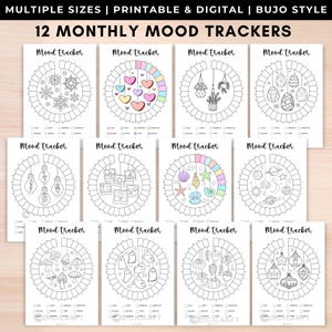 12 maandelijkse mood tracker digicarft 2025, stemmingsvolger in cirkel, emotie-tracker dagboek voor volwassenen digitaal, bullet journal maandelijkse verspreiding