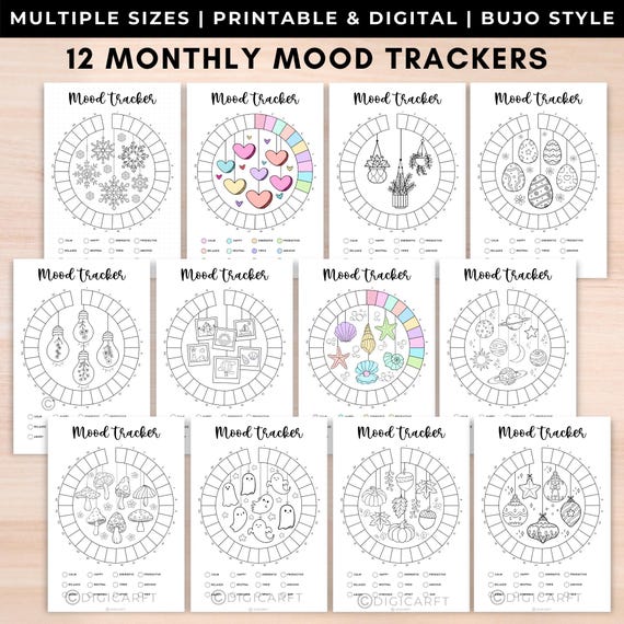 12 Monthly mood tracker digicarft 2025,Mood habit tracker in circle,Emotion tracker journal for adults digital,bullet journal monthly spread
