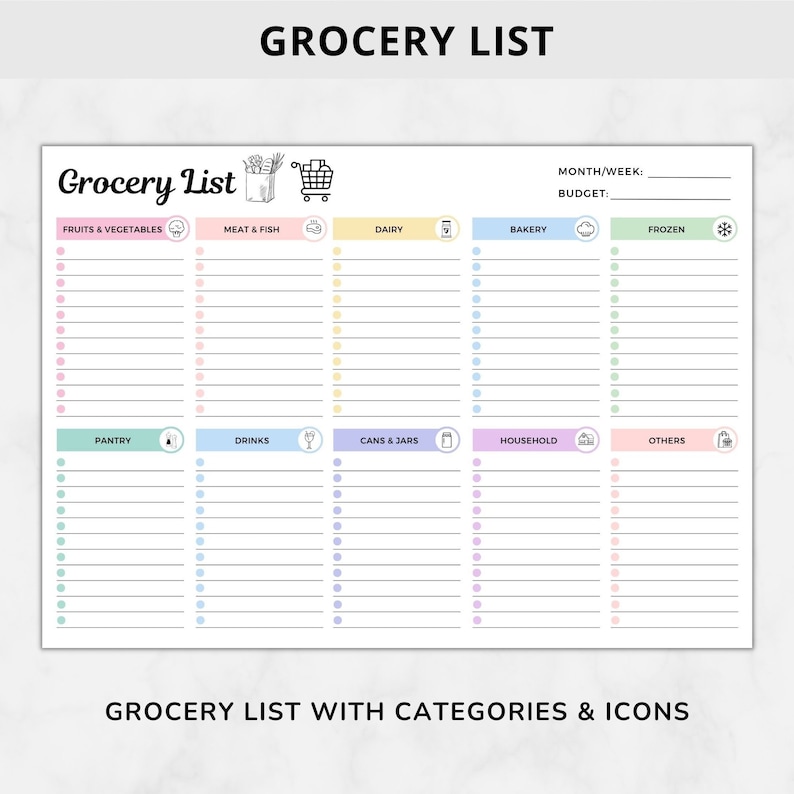 Peut inclure: Un mod&egrave;le de liste de courses imprimable avec des cat&eacute;gories et des ic&ocirc;nes. Les cat&eacute;gories comprennent les fruits et l&eacute;gumes, la viande et le poisson, les produits laitiers, la boulangerie, les produits surgel&eacute;s, le garde-manger, les boissons, les conserves et les bocaux, les produits m&eacute;nagers et autres. Le mod&egrave;le a de l'espace pour &eacute;crire une liste de courses avec des cases &agrave; cocher.