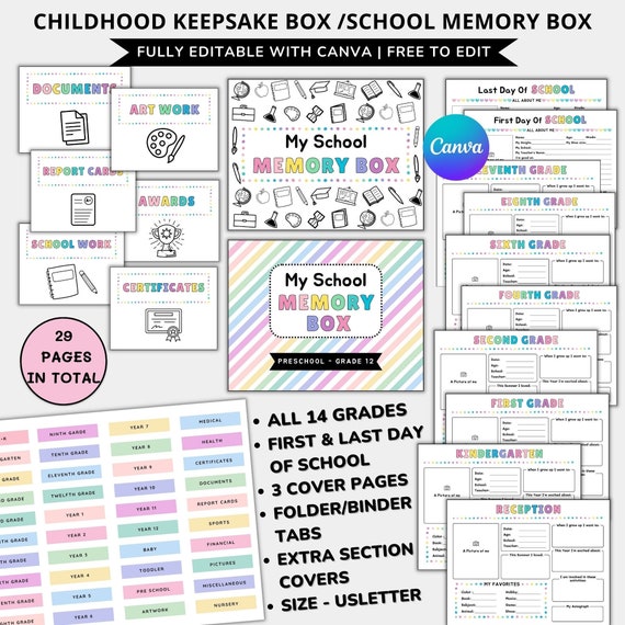 School memory box kit printabl,Memory box starter kit kids,School keepsake book lable,Memory box cover pages & tabs,Kids keepsake box labels