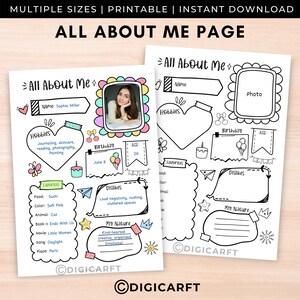 Könnte beinhalten: Zwei druckbare "All About Me"-Seiten im handgezeichneten Stil. Eine Seite ist mit persönlichen Details gefüllt, darunter Hobbys, Favoriten und Abneigungen. Die andere Seite ist leer und kann angepasst werden. Die Seiten sind mit Kritzeleien verziert.