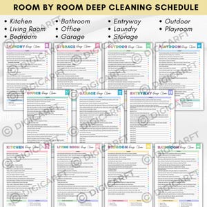 K&ouml;nnte beinhalten: Eine Sammlung druckbarer Checklisten f&uuml;r die Tiefenreinigung verschiedener R&auml;ume, darunter K&uuml;che, Bad und Schlafzimmer. Jede Checkliste enth&auml;lt Aufgaben und Notizen. Der Titel oben lautet "Room by Room Deep Cleaning Schedule".