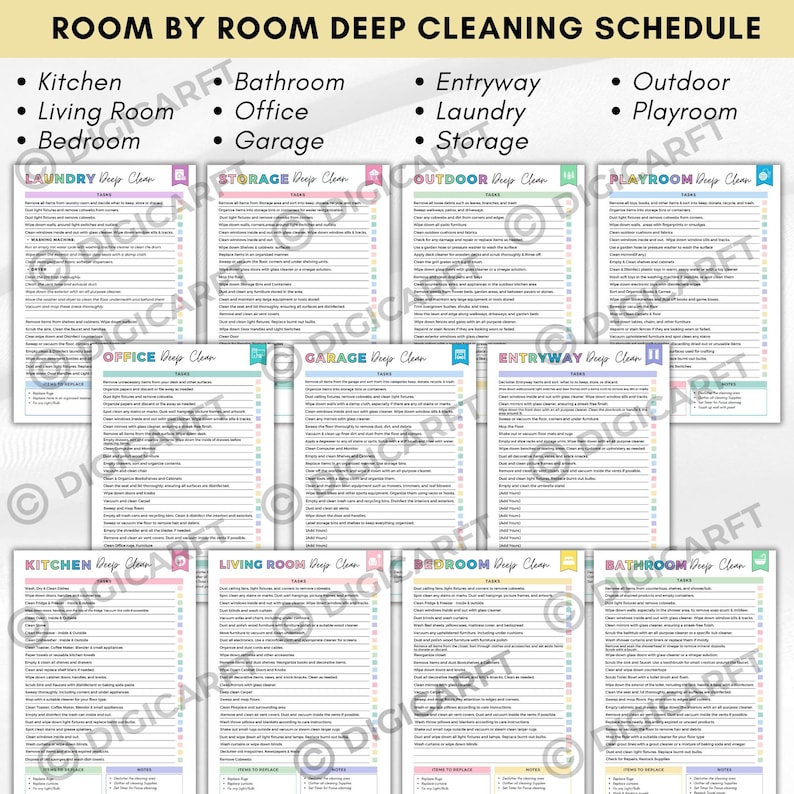 K&ouml;nnte beinhalten: Eine Sammlung druckbarer Checklisten f&uuml;r die Tiefenreinigung verschiedener R&auml;ume, darunter K&uuml;che, Bad und Schlafzimmer. Jede Checkliste enth&auml;lt Aufgaben und Notizen. Der Titel oben lautet "Room by Room Deep Cleaning Schedule".