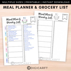 Wöchentlicher Essensplaner mit Einkaufsliste druckbar, Mahlzeit Journal Seite Bullet Journal A5, Meal Prep Vorlage zum Pdf,Einkaufsliste A4 digital