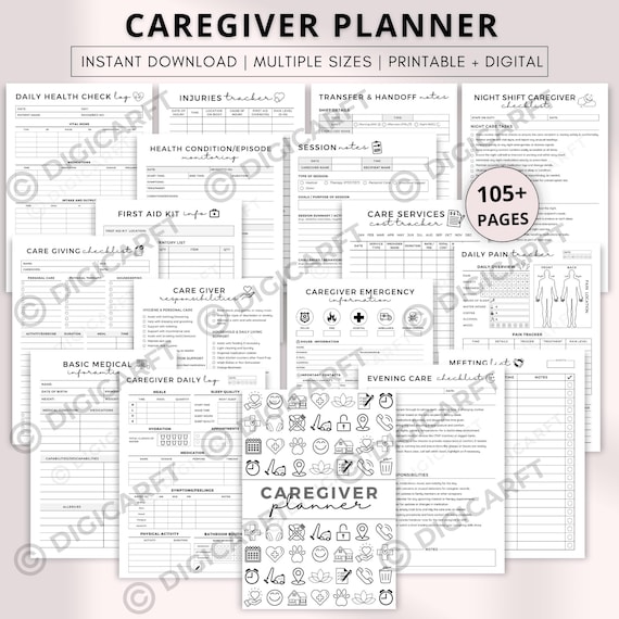 Caregiver Planner binder Printable,Caregiver Daily Log,Elder Caregiving journal a4,Home health care service forms,Medical tracker templates